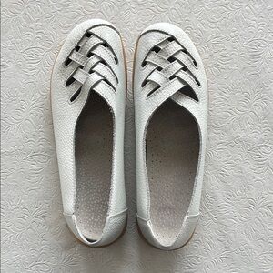 White Casual Leather Flats with Woven Design and Breathable Openings